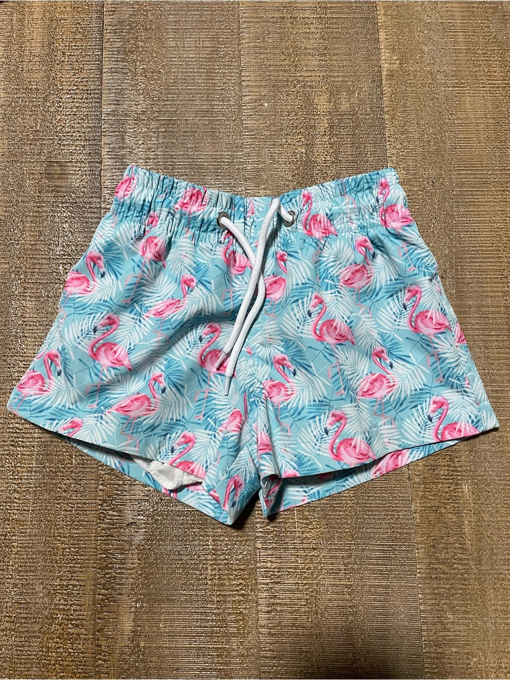 Kids Pink Flamingo Swim Trunks - Lightweight Blue Print